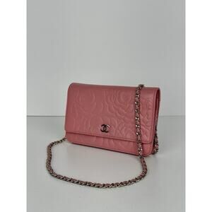 Chanel Camellia Wallet on Chain Pink Embossed Lambskin Silver Hardware B-9
